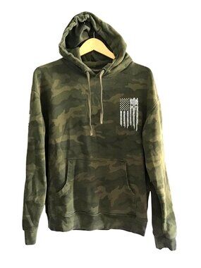 MENS ARMY GREEN GRAPHIC PULLOVER KANGAROO POCKET HOODIE SWEATER SIZE MEDIUM